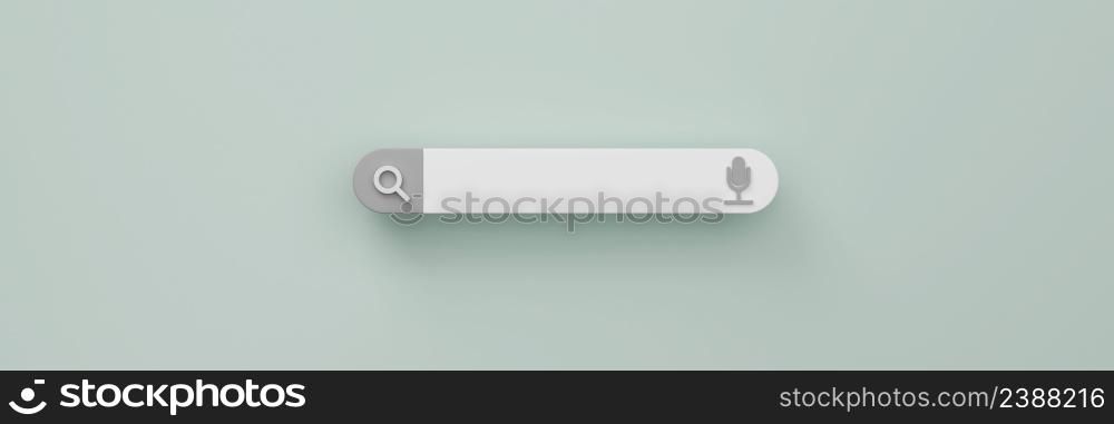 Minimal blank search bar with magnifying glass and microphone icons on light mint green pastel background banner 3D rendering illustration