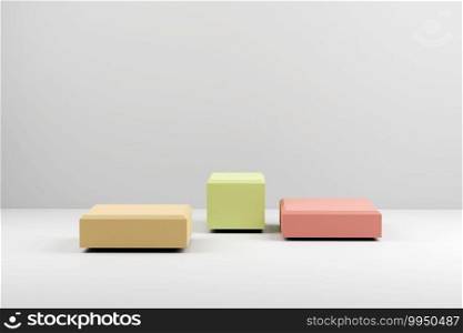 Minimal boxes and geometric podium. Scene with geometrical forms. 3d render.
