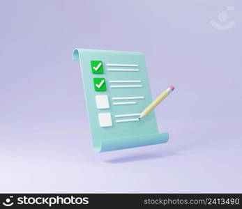 Minimal checklist notepad document or to do list for planning task with pencil levitate in midair 3D rendering illustration