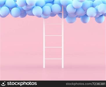 Minimal concept idea of white ladder and floating blue ball on pink background. 3D rendering.