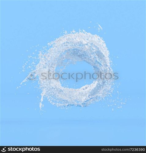 Minimal concept idea of white liquid splash in circle shape on blue background. 3D rendering.