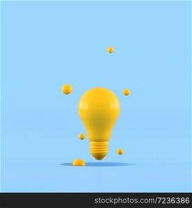 Minimal concept idea of yellow light bulb surround with small ball on blue background. 3D rendering.