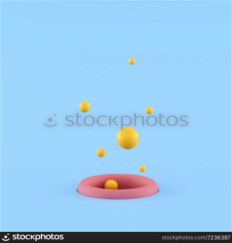 Minimal concept idea of yellow small ball floating out from pink hole on blue background. 3D rendering.