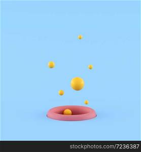 Minimal concept idea of yellow small ball floating out from pink hole on blue background. 3D rendering.
