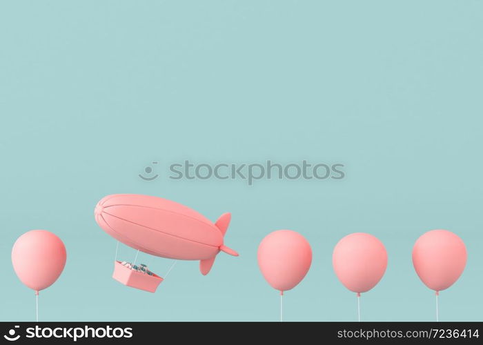 Minimal concept of balloons and airship with present in the basket on pastel background. 3D rendering.