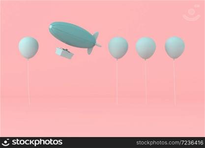 Minimal concept of balloons and airship with present in the basket on pastel background. 3D rendering.