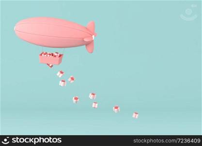 Minimal concept of floating airship and present box in the basket on pastel background. 3D rendering.