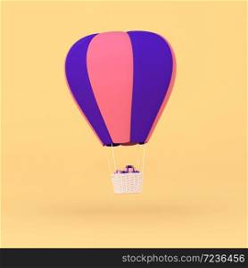 Minimal concept of floating balloons and weave basket on pastel background. 3D rendering.