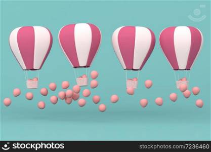 Minimal concept of floating balloons and weave basket,release the pink balloons on pastel background. 3D rendering.