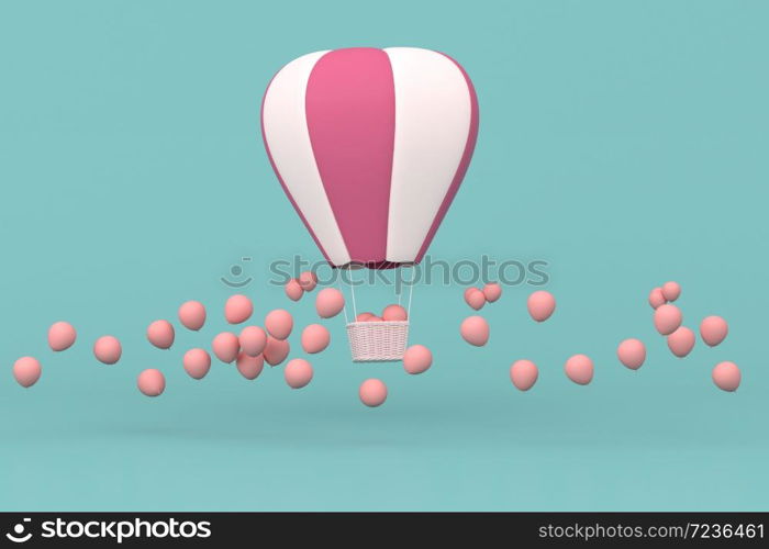 Minimal concept of floating balloons and weave basket,release the pink balloons on pastel background. 3D rendering.