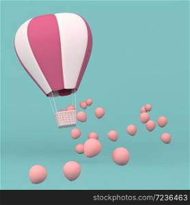 Minimal concept of floating balloons and weave basket,release the pink balloons on pastel background. 3D rendering.