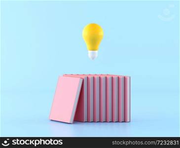 Minimal concept of knowledge by using yellow light bulb floating over pink books on blue background. 3D rendering.