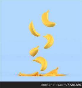 Minimal conceptual idea of bananas are floating out from hole on blue background. 3D rendering.