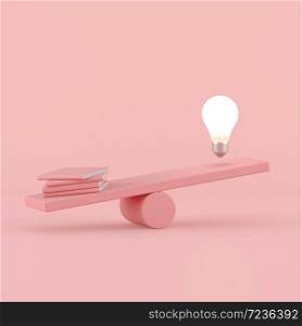 Minimal conceptual idea of floating light bulb opposite with pink books on seesaw,knowledge concept. 3D rendering.