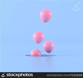 Minimal conceptual idea of floating pink balloons on blue background. 3D rendering
