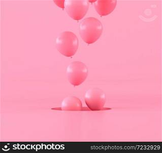 Minimal conceptual idea of floating pink balloons on pastel background. 3D rendering