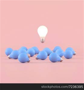 Minimal conceptual idea of light bulb floating around the blue bulbs on pink background. 3D rendering.