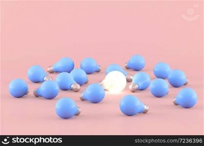 Minimal conceptual idea of light bulb floating around the blue bulbs on pink background. 3D rendering.