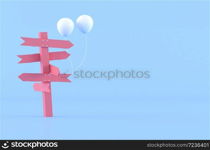 Minimal conceptual idea of pink signpost and white balloons on blue background. 3D rendering.