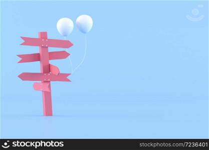 Minimal conceptual idea of pink signpost and white balloons on blue background. 3D rendering.