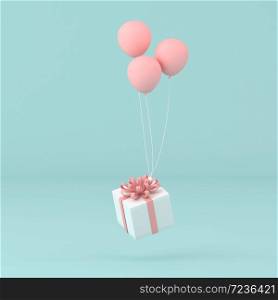 Minimal conceptual idea of present box floating by balloons on pastel background. 3D rendering