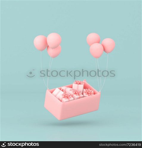Minimal conceptual idea of present box in the basket floating by balloons on pastel background. 3D rendering