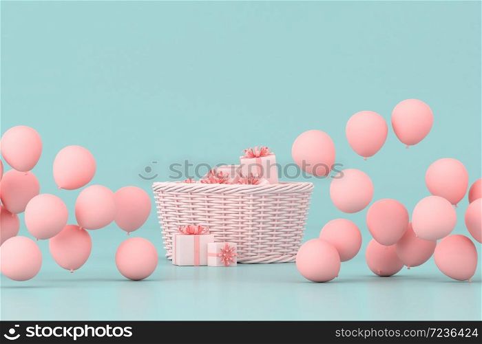 Minimal conceptual idea of present boxes in the basket surround by pink balloons on pastel background. 3D rendering
