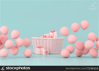 Minimal conceptual idea of present boxes in the basket surround by pink balloons on pastel background. 3D rendering