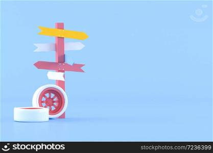 Minimal conceptual idea of signpost and car wheel on blue background. 3D rendering.