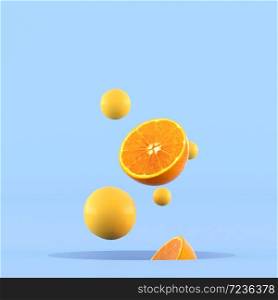 Minimal conceptual idea of sliced oranges and small yellow sphere floating out from hole on blue background. 3D rendering.