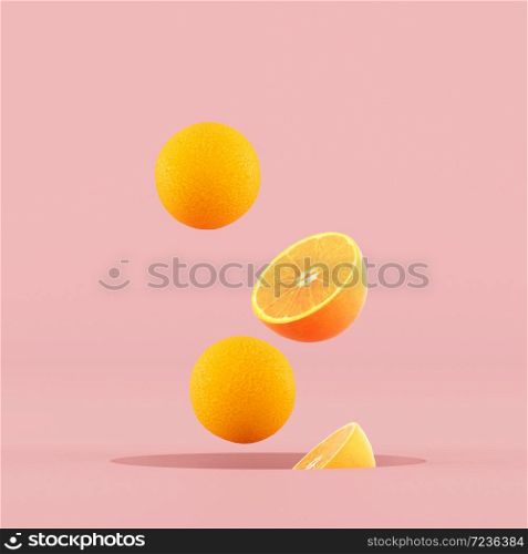 Minimal conceptual idea of sliced oranges floating out from hole on pink background. 3D rendering.