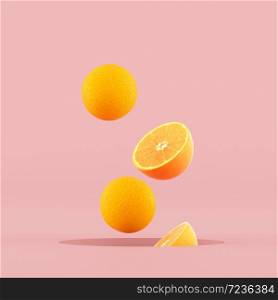 Minimal conceptual idea of sliced oranges floating out from hole on pink background. 3D rendering.