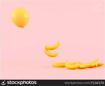 Minimal conceptual idea of yellow floating balloon with bananas on pink background. 3D rendering.