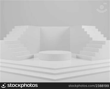 Minimal cylindrical product presentation display podium with stairway on white background 3D rendering illustration