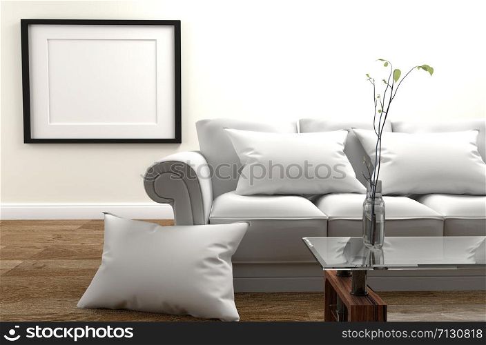 Minimal Design - Modern Living Room with sofa and pillow, vase on glass table, wooden floor and fame on empty white wall background. 3D rendering
