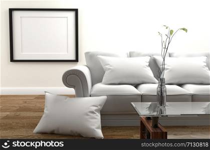 Minimal Design - Modern Living Room with sofa and pillow, vase on glass table, wooden floor and fame on empty white wall background. 3D rendering