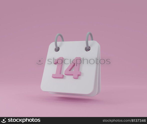 Minimal desk calendar cartoon icon styled with pink number fourteen levitate in midair on pink background as Valentine 3D rendering illustration 