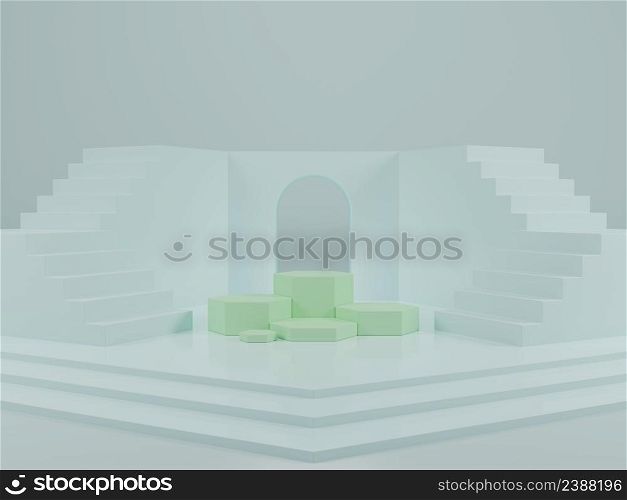 Minimal green hexagonal product presentation display podium with stairway on light blue background 3D rendering illustration