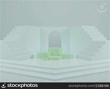 Minimal green hexagonal product presentation display podium with stairway on light blue background 3D rendering illustration