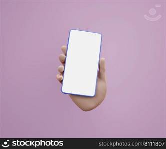 Minimal hand holding blank screen smartphone as mockup mobile on pink background 3D rendering illustration