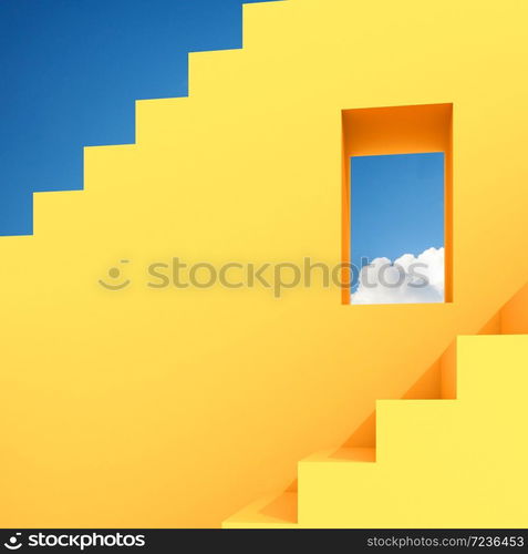 Minimal interior space with geometric and yellow color,Sun light cast the shadow on wall with blue sky background. 3D rendering.