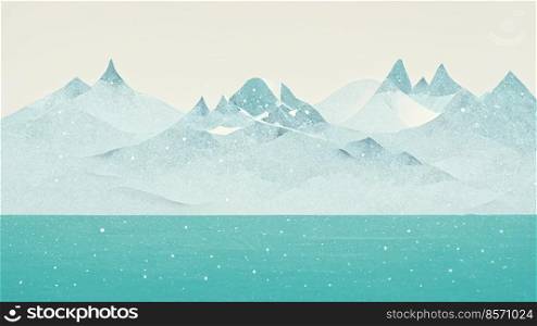 Minimal landscape digital art design, mountain and snow in winter season concept, contemporary illustration style