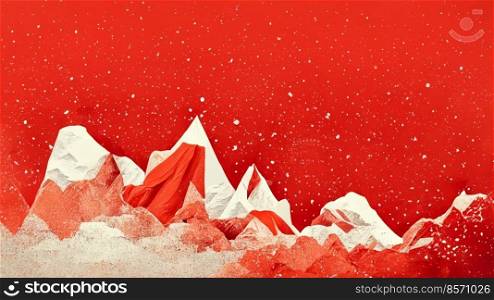 Minimal landscape digital art design, mountain and snow on red background, christmas holiday concept 