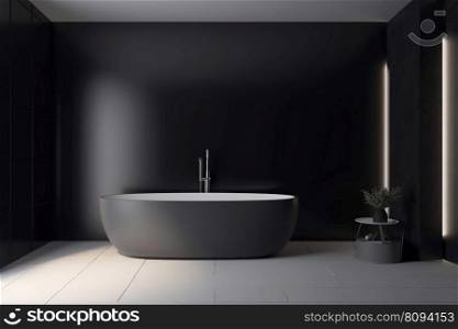 Minimal luxury bathroom with window. Stone floor, concrete tile wall and modern big matte black bathtub. AI. Luxury bathroom with window. Modern big matte black bathtub and concrete tiles. Generative AI