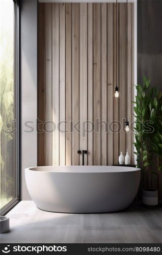 Minimal luxury bathroom with window. Wood wall, concrete tile on floor and modern big gray bathtub. Generative AI. Luxury bathroom with window. Modern big gray bathtub and wood walls. Generative AI