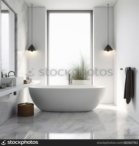 Minimal luxury bathroom with windows. Stone floor, marble tile wall and modern big white bathtub. AI. Luxury bathroom with windows. Modern big bathtub and marble tiles. AI