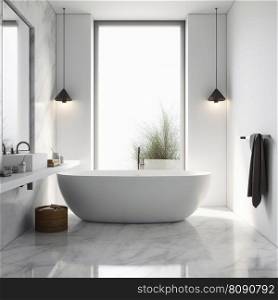 Minimal luxury bathroom with windows. Stone floor, marble tile wall and modern big white bathtub. AI. Luxury bathroom with windows. Modern big bathtub and marble tiles. AI