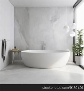 Minimal luxury bathroom with windows. Stone floor, marble tile wall and modern big white bathtub. AI. Luxury bathroom with windows. Modern big bathtub and marble tiles. AI