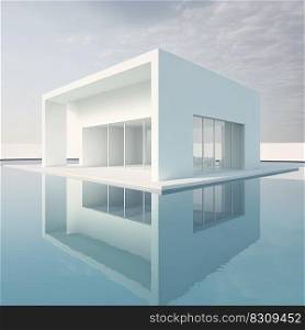 Minimal luxury design with white building and water, low angle view, clear blue summer sky. Outdoor estate construction of residential building. Modern beach house with outdoor terrace and private swimming pool. AI. Modern architecture, minimal luxury design, white building and water, private swimming pool. AI