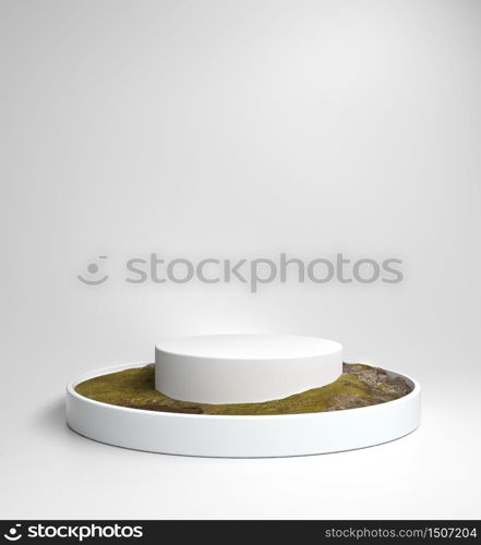 Minimal luxury white display podium blank for show products or cosmetics with grass and stone texture on the floor, 3d illustration